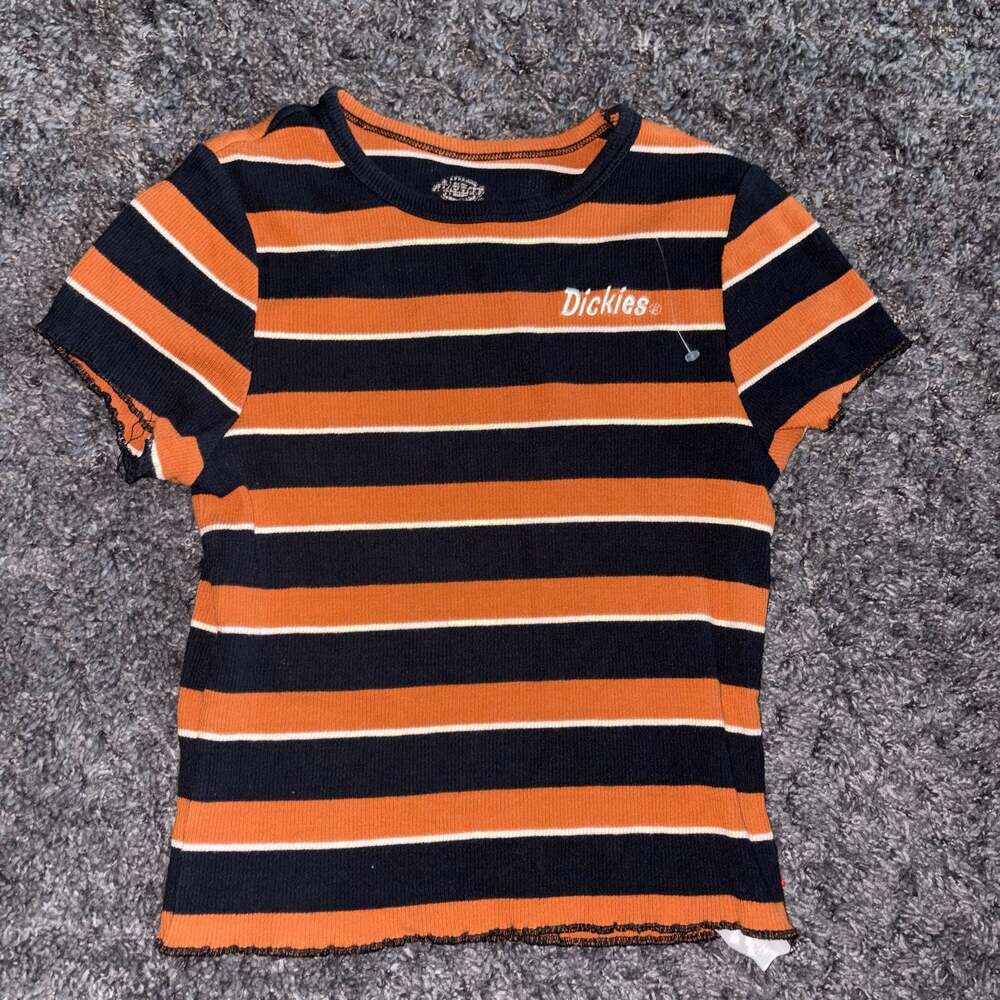 Dickies Women's Orange and Black Striped Ribbed Lettuce-Edge Crop T-Shirt